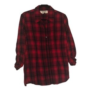 BB Dakota Steve Madden Red and Black Plaid Button-up Shirt Size L Ruched Sleeves